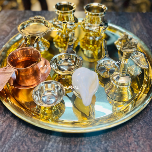 "Premium Handmade Maha Pooja Set for Hindu Temple Rituals – Includes Thalam, Kodivilakku, Karpoorathattu, Conch, Abhisheka Pathram, Panchapathram, Pooja Bell with Nandhi, Pooja Kindi, Pavithra Kindi & More | Alackal Bell Metals Mannar, Kerala"