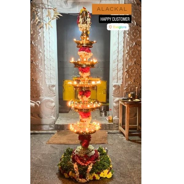 Buy Authentic Kerala Brass Sthambha Vilakku | 5 Layer 41 Wick Temple Deepasthambham | Peacock Head & Tortoise Base – Alackal Bell Metals- Mannar