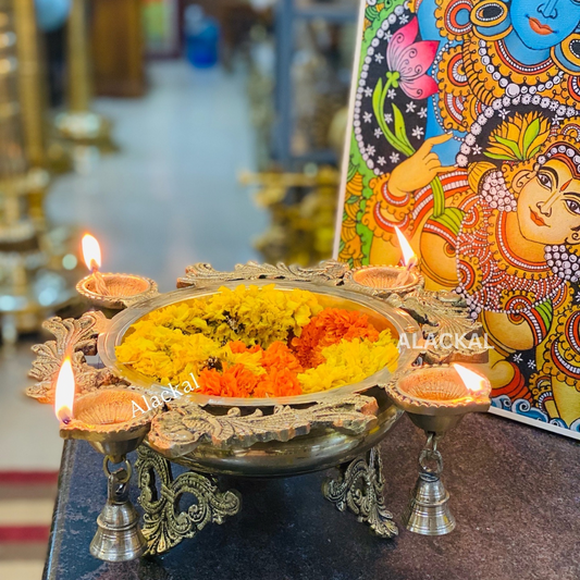 PREMIUM BRASS FLOWER DECOR URULI WITH BELLS AND DIYA HOLDER