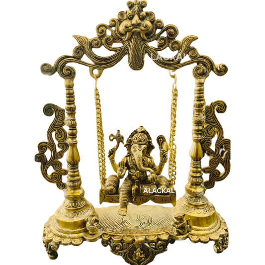 BRASS ANTIQUE SHADE SWING GANESHA WITH YALI DESIGN ON TOP |  HOME DECOR | LORD GANESHA ON SWING