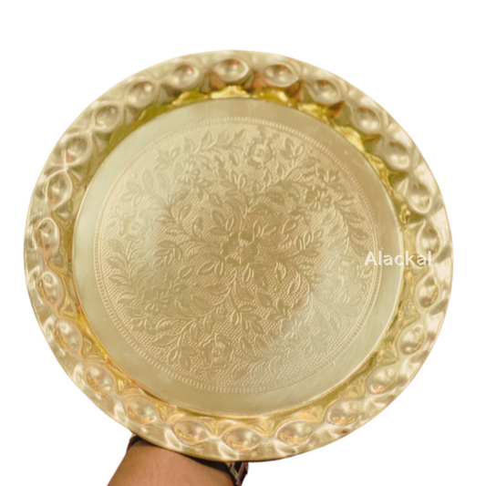 BRASS FLORAL DESIGNED THALIKA / THALAM / THAMBOOLAM / PLATE WITH WAVE- SHAPED CORNERS FOR HINDU WEDDING RITUALS TO KEEP FLOWERS OR FRUITS  | GIFT HAMPER