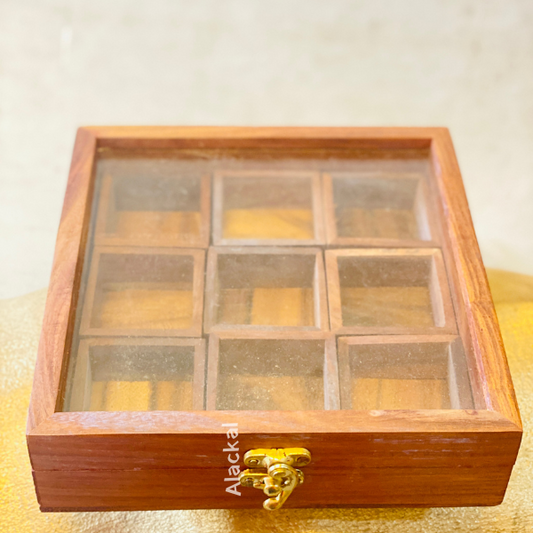 WOODEN SQUARE SPICE BOX WITH 9 CONTAINERS | ECO- FRIENDLY INDIAN MASALA DABBA | MASALA DANI