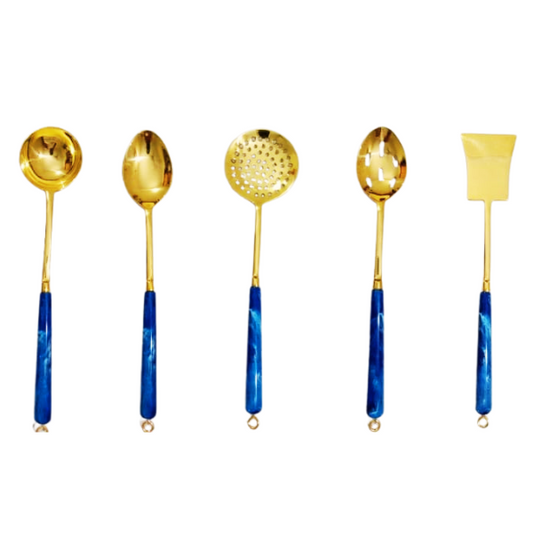 Premium Handmade Brass Kitchen Ladle Set – 5-Piece Traditional Cooking Spoon Set with Long Handles | Alackal Bell Metals, Mannar