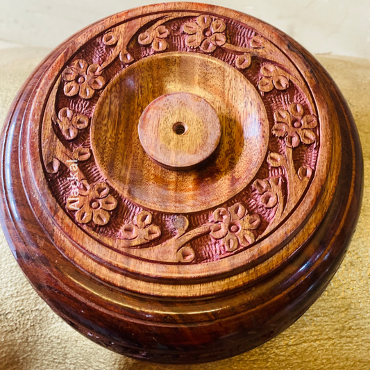 FLORAL DESIGNED WOODEN ROUND-SHAPED MASALA BOX WITH 4 SPACIOUS CONTAINERS | INDIAN MASALA DANI | RETURN GIFT