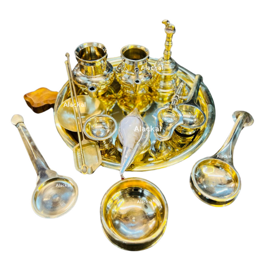 PREMIUM HANDMADE BRONZE COMPLETE POOJA THALI SET FOR TEMPLE WITH SILVER COVERED SHANKH / CONCH