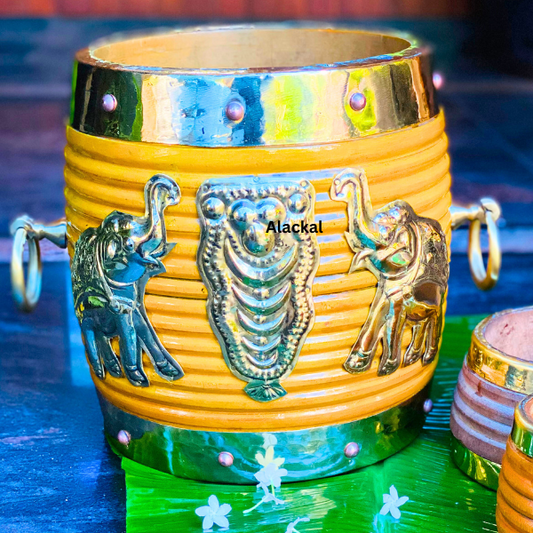 TRADITIONAL WOODEN NIRAPARA WITH BRASS ELEPHANTS AND NETTIPATTAM DESIGN FOR TEMPLE RITUALS
