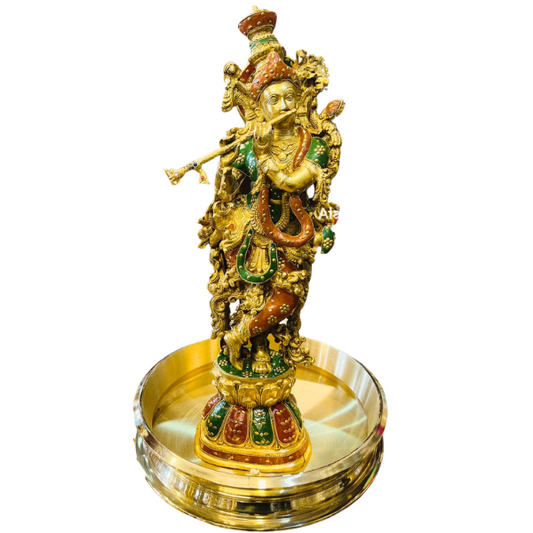 PREMIUM BRASS MULTI-COLOR STONE KRISHNA STATUE WITH OTTURULI / URULI FOR VISHUKANI SETTING | VISHU FESTIVAL KERALA