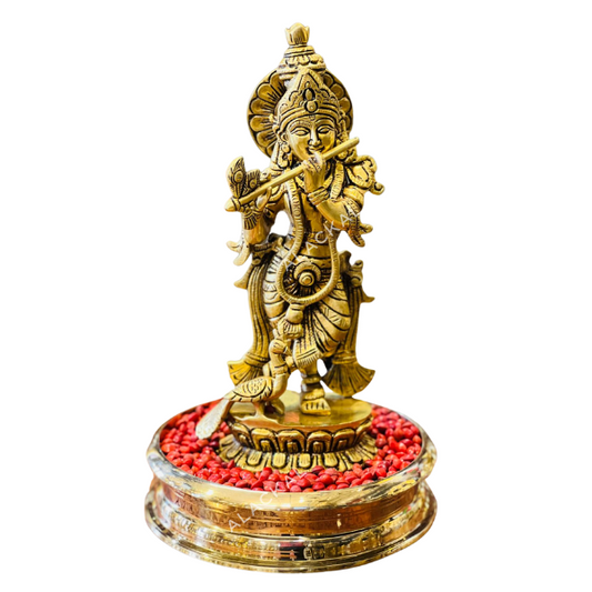 Handcrafted Brass Krishna Idol with Brass Uruli & Manjadikuru | Vishukani Setup | Home Decor | Alackal Bell Metals Mannar