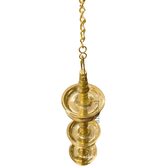 BRASS HANGING LAMP WITH 3 STEPS AND 1 METER CHAIN TO HANG IN TEMPLES  | THATTU VILAKKU