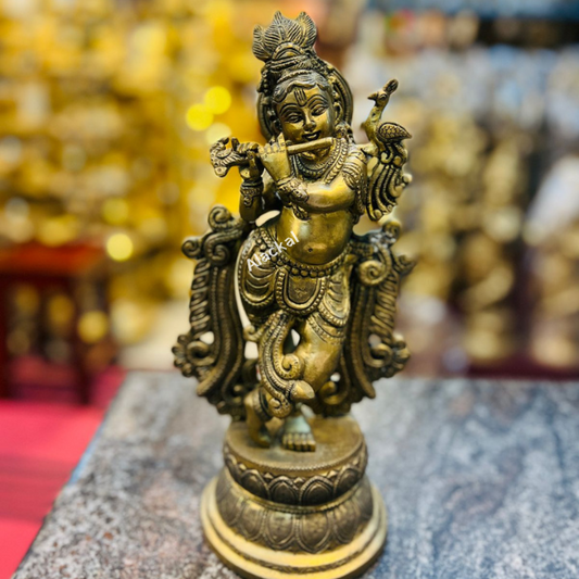BRASS CUTE KRISHNA VIGRAHAM WITH ODAKUZHAL FOR VISHUKANI | KRISHNA WITH FLUTE IN ANTIQUE FINISH