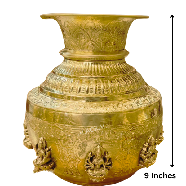 Handcrafted Brass Maha Ashtalakshmi Kumbham | Temple Kalash Pot with 8 Lakshmi Idols | Kerala Traditional Pooja Decor – Alackal Bell Metals Mannar