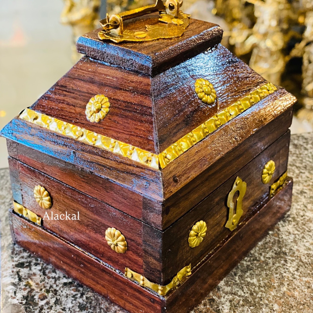 WOODEN JEWEL BOX | GIFT BOX | PYRAMID JEWEL BOX WITH BRASS FLORAL DESIGN