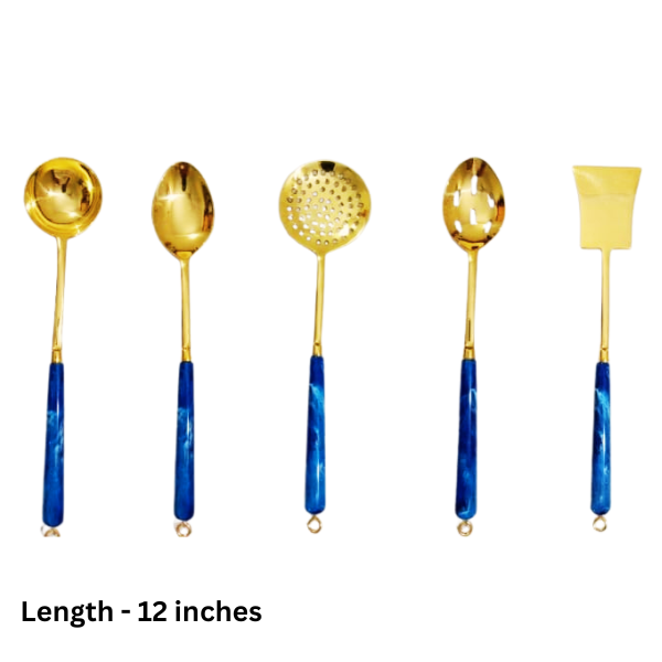 Premium Handmade Brass Kitchen Ladle Set – 5-Piece Traditional Cooking Spoon Set with Long Handles | Alackal Bell Metals, Mannar