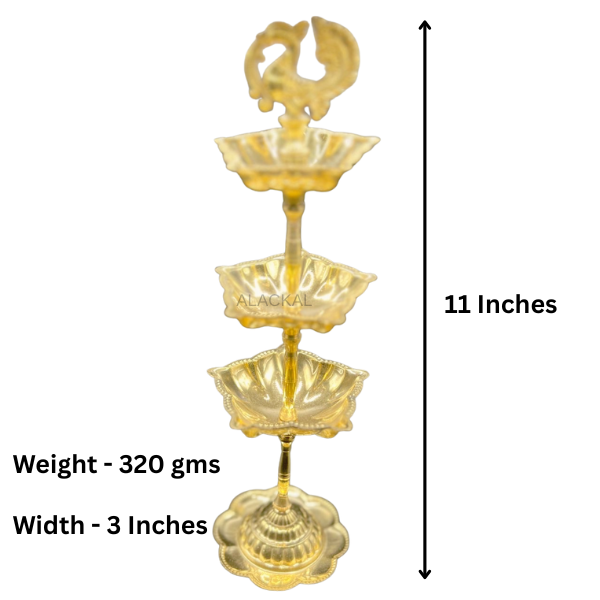 Lightweight Brass 3-Layer Peacock Head Oil Lamp | Elegant Return Gift, Showpiece, Pooja Decor – Alackal Bell Metals Mannar