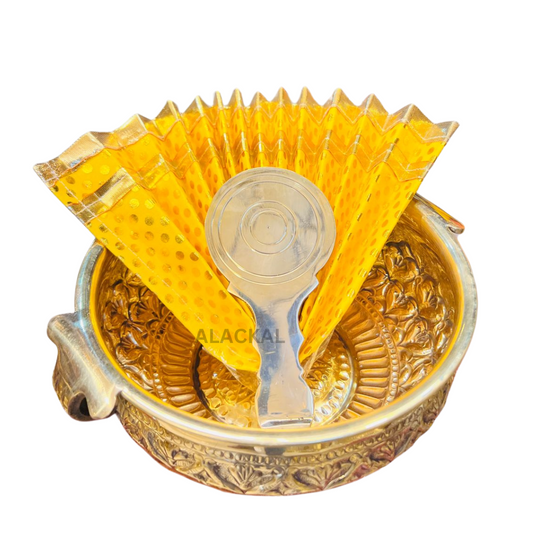 BRASS VISHUKANI DECOR URULI WITH COTTON YELLOW VISHARI / THALAAPV / THIRU UDAYADA AND BRASS VALKANANDI | VISHUKANI SET | MANNAR