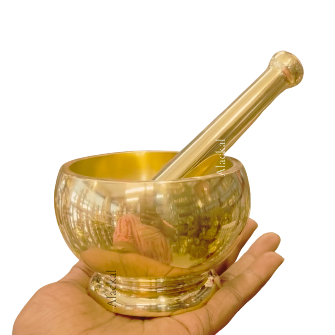 Handcrafted brass mortar and pestle (Idikallu) for grinding spices – Alackal Bell Metals Mannar