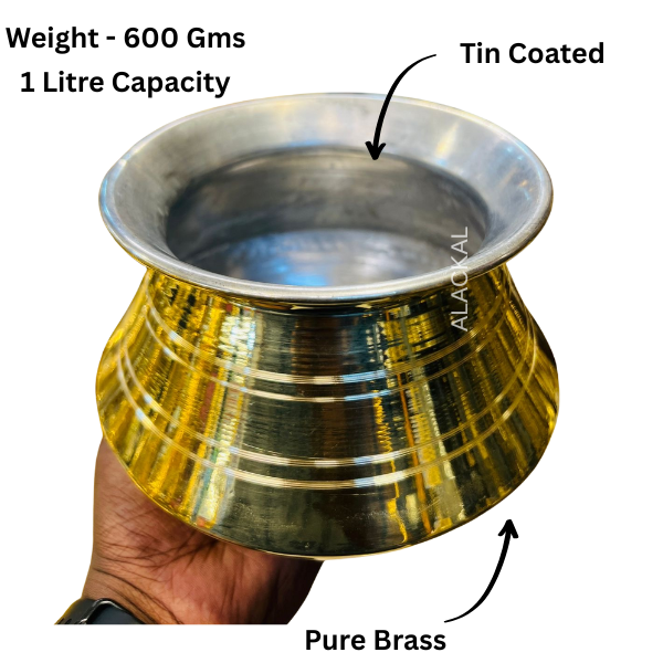 Traditional handcrafted brass Pongal kalam / milk boiling pot with tin coating inside, 1 litre capacity, perfect for housewarming, Pongal rituals, pooja ceremonies, and festive cooking – Alackal Bell Metals Mannar