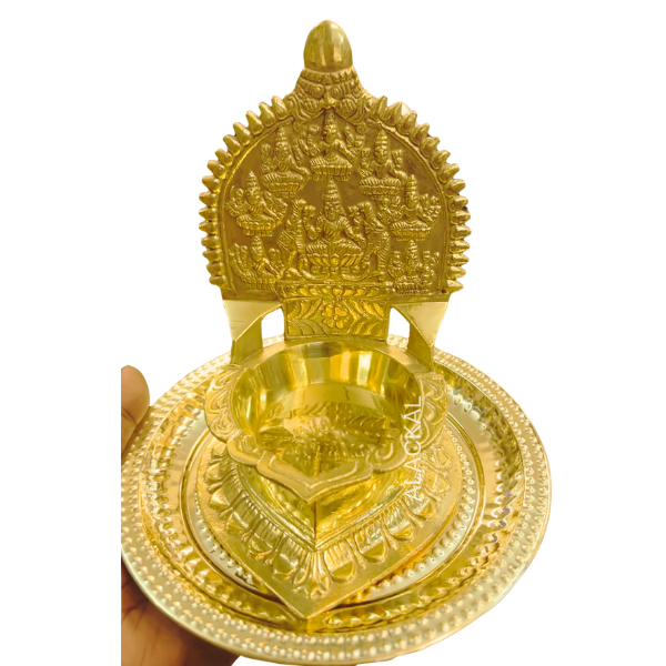 Brass Ashtalakshmi Oil Lamp with Decorative Plate for Hindu Wedding and Navratri Pooja