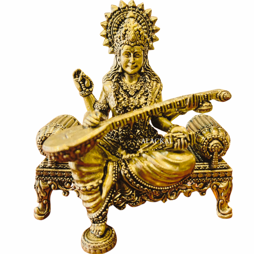 Brass Saraswati Devi Statue – Antique Finish – Perfect for Pooja Room and Navratri Decor – Alackal Bell Metals Mannar
