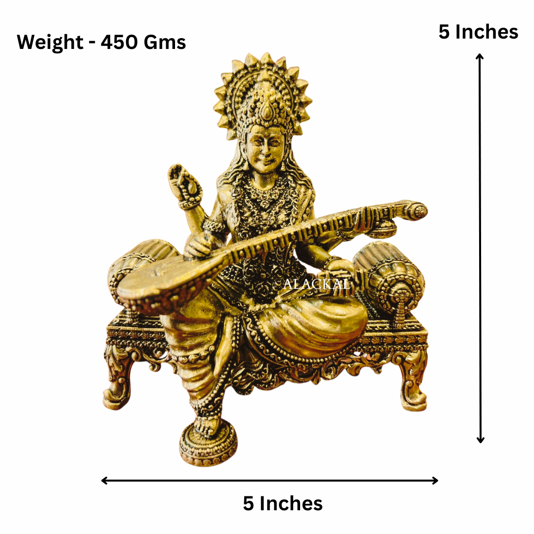 Close-Up of Saraswati Devi Brass Idol – Lightweight Antique Shade – Ideal for Vijayadasami and Vidyarambham