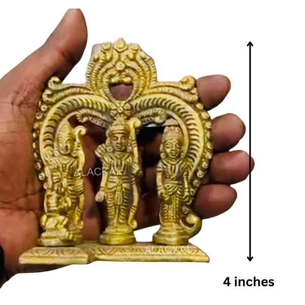 Traditional brass Rama Pattabhishekam figurine with Sita, Lakshmana, and Hanuman for temple rituals