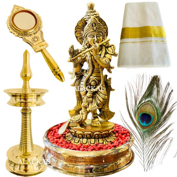 Traditional Kerala Vishukkani combo set with brass uruli, Nilavilakku, Krishna idol and Aranmula Kannadi arranged for Vishu festival ritual.