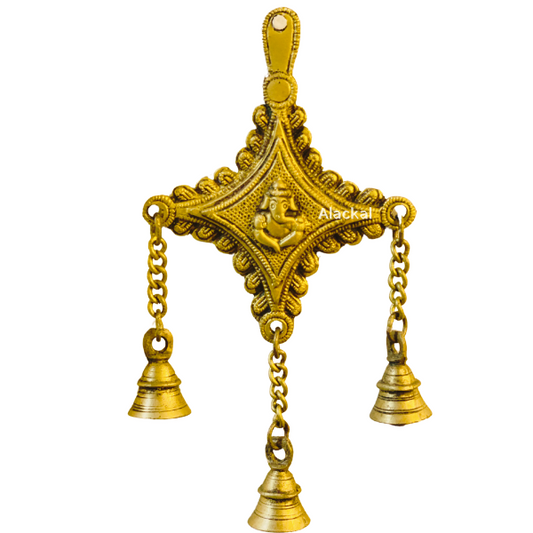 BRASS WALL-HANGING GANESHA FRAME WITH 3 BELLS | SPIRITUAL HOME DECOR