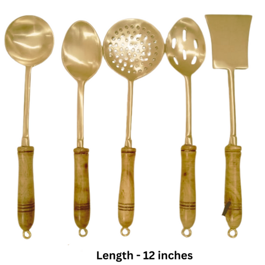 Premium Handmade Brass Kitchen Ladle Set – 5-Piece Traditional Cooking Spoon Set with Wooden Handles | Alackal Bell Metals, Mannar