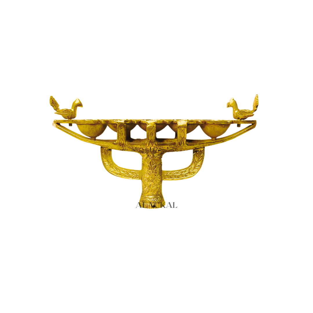 Divine Radiance: Brass Chamayavilakku with Peacock Heads from Alackal Bell Metals, Mannar