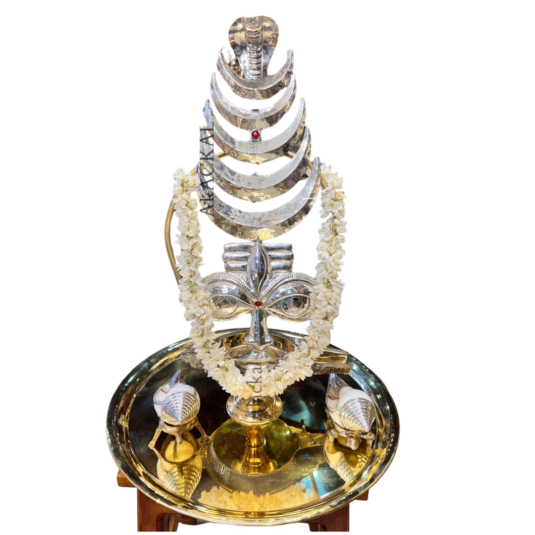 Handcrafted Pure Silver Mahadeva Thirumugam with 5 Chandrakala & Naga — Divine Silver Angi for Shiva Temples | Custom Made by Alackal Bell Metals, Mannar