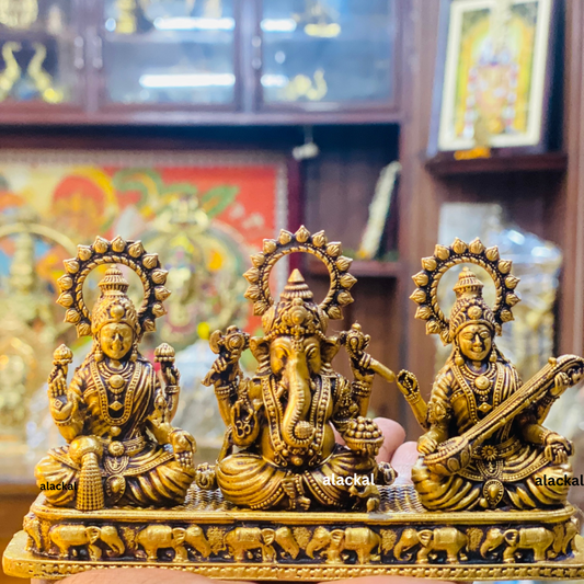 BRASS LORD GANESHA, SARASWATI DEVI AND LAKSHMI DEVI IDOL FOR POOJA RITUALS