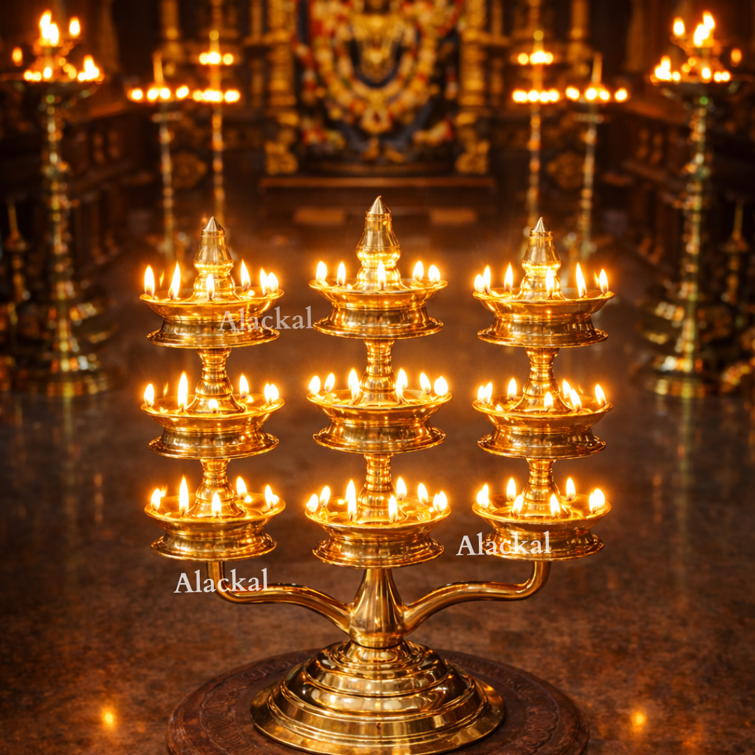 Handmade Bronze Maha Kavaravilakku 3 Layer Lamp | Kerala Temple Vilakku – Alackal Bell Metals