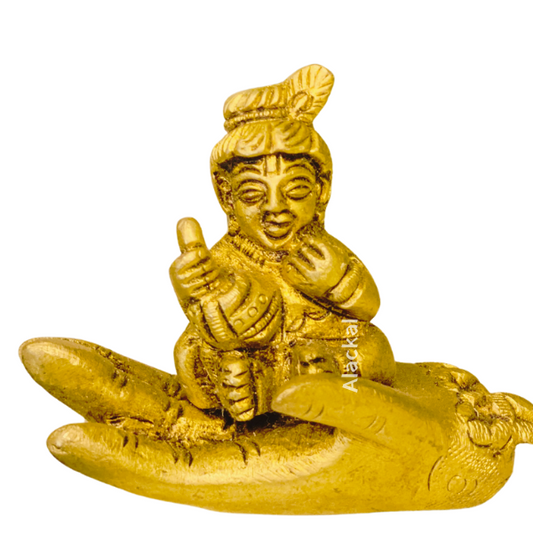 BRASS SMALL CUTE BABY KRISHNA WITH GHEE POT SITTING ON A PALM