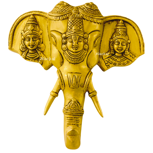 BRASS TIRUPATI BALAJI WITH SRIDEVI AND BHUDEVI CARVED ON ELEPHANT HEAD - WALL HANGING