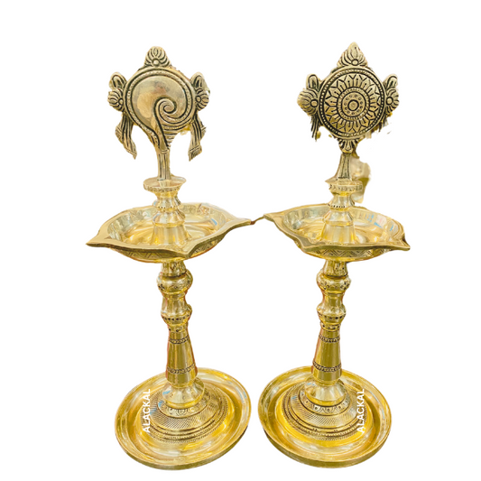 Handcrafted Brass Shankh & Chakra Vilakku – 12 Inch | Traditional Indian Pooja Lamps | Temple-Style Decor | Alackal Bell Metals Mannar