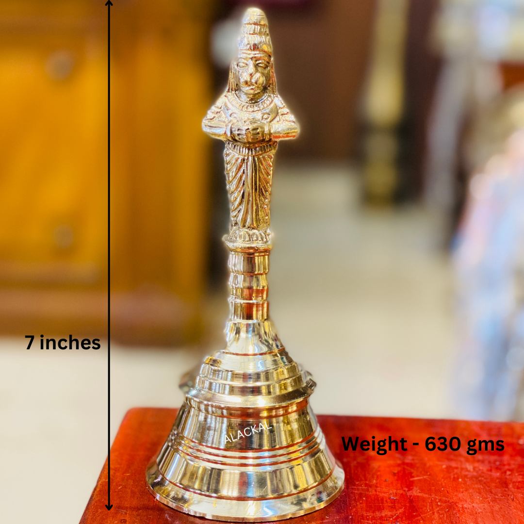 BRASS POOJA BELL WITH HANUMAN SWAMY ON TOP FOR PUJA RITUALS