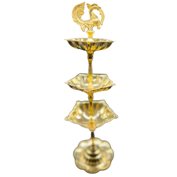 Lightweight Brass 3-Layer Peacock Head Oil Lamp | Elegant Return Gift, Showpiece, Pooja Decor – Alackal Bell Metals Mannar