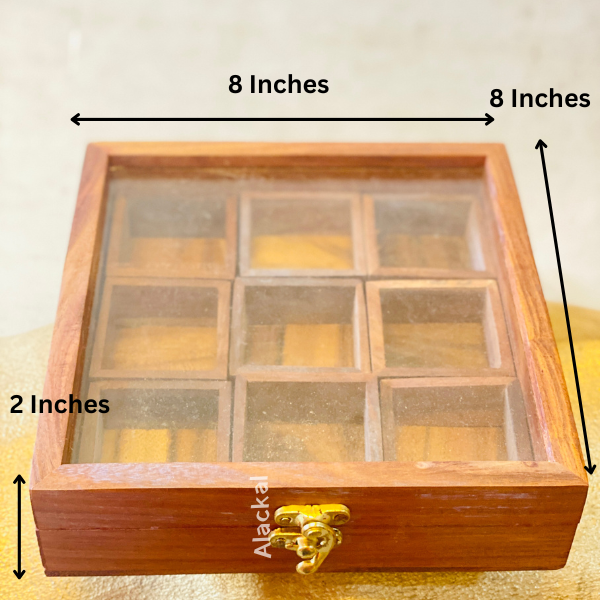 WOODEN SQUARE SPICE BOX WITH 9 CONTAINERS | ECO- FRIENDLY INDIAN MASALA DABBA | MASALA DANI