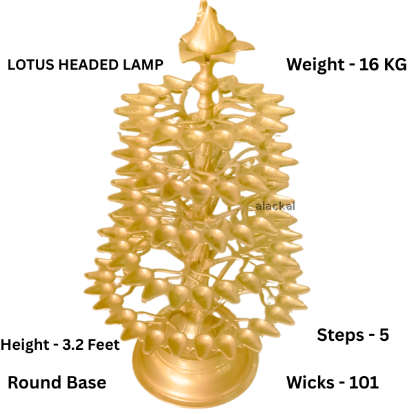 Handmade 5-Step Brass Aalvilakku | 101 Wick Banyan Tree Temple Lamp with Lotus Head – Alackal Bell Metals, Mannar