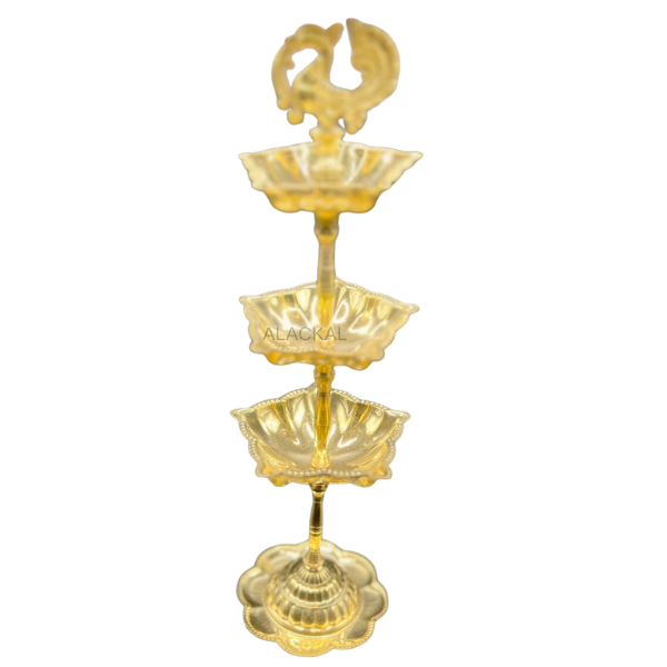 Lightweight Brass 3-Layer Peacock Head Oil Lamp | Elegant Return Gift, Showpiece, Pooja Decor – Alackal Bell Metals Mannar