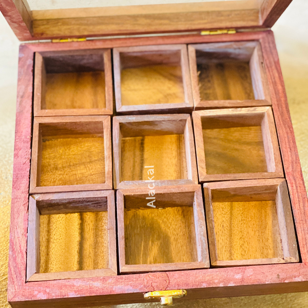 WOODEN SQUARE SPICE BOX WITH 9 CONTAINERS | ECO- FRIENDLY INDIAN MASALA DABBA | MASALA DANI