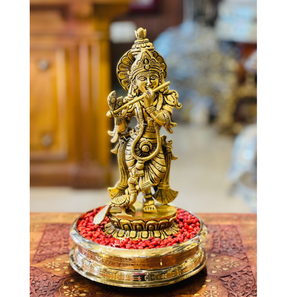 Handcrafted Brass Krishna Idol with Brass Uruli & Manjadikuru | Vishukani Setup | Home Decor | Alackal Bell Metals Mannar