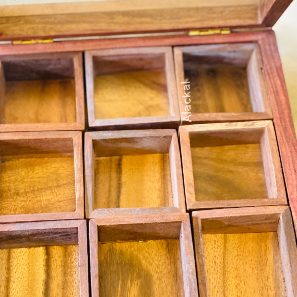 WOODEN SQUARE SPICE BOX WITH 9 CONTAINERS | ECO- FRIENDLY INDIAN MASALA DABBA | MASALA DANI