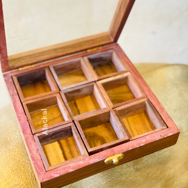 WOODEN SQUARE SPICE BOX WITH 9 CONTAINERS | ECO- FRIENDLY INDIAN MASALA DABBA | MASALA DANI