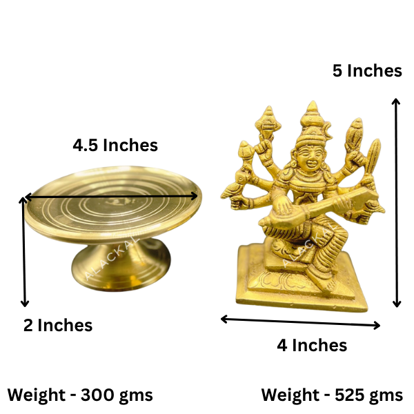 Brass Saraswati Idol with Brass Peedom | Small Pooja Room Decor | Daily Pooja Rituals | Alackal Bell Metals Mannar