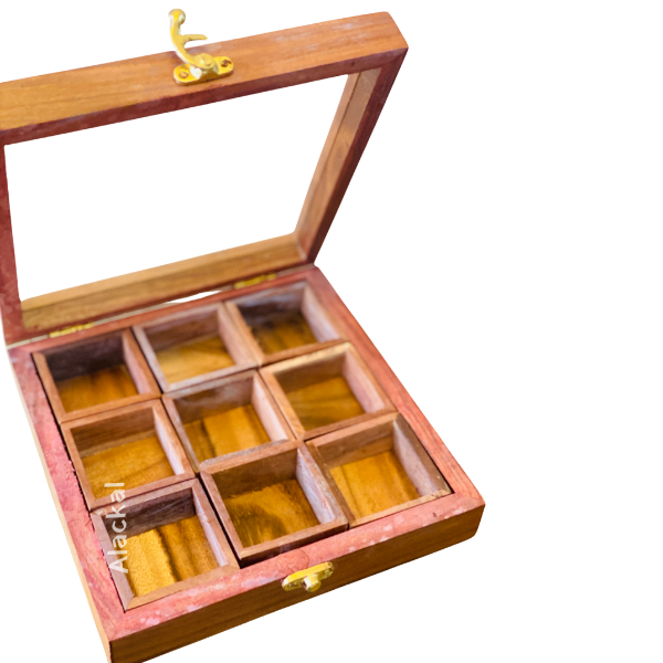 WOODEN SQUARE SPICE BOX WITH 9 CONTAINERS | ECO- FRIENDLY INDIAN MASALA DABBA | MASALA DANI