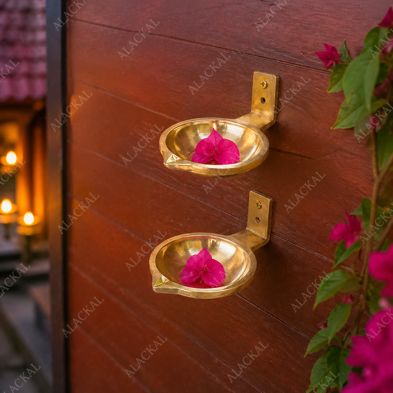 Kerala temple style brass lamp with flower decoration