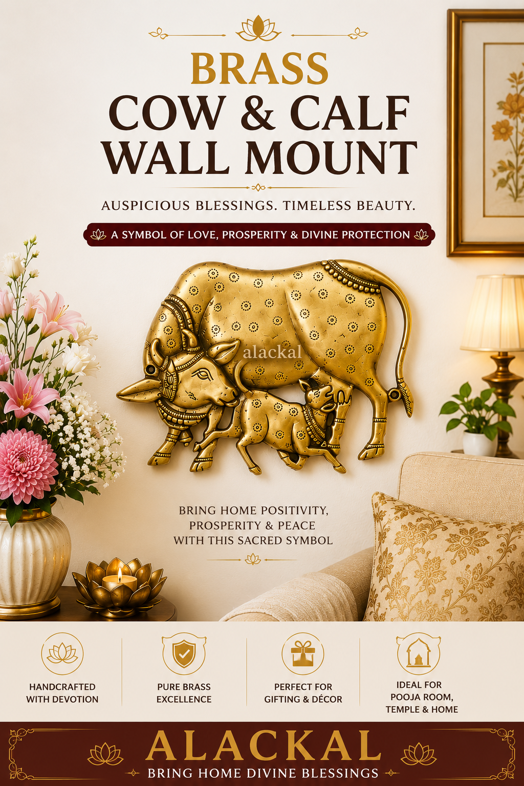 Handcrafted pure brass Cow & Calf wall mount with traditional Indian Kamdhenu design displayed on white background with dimensions