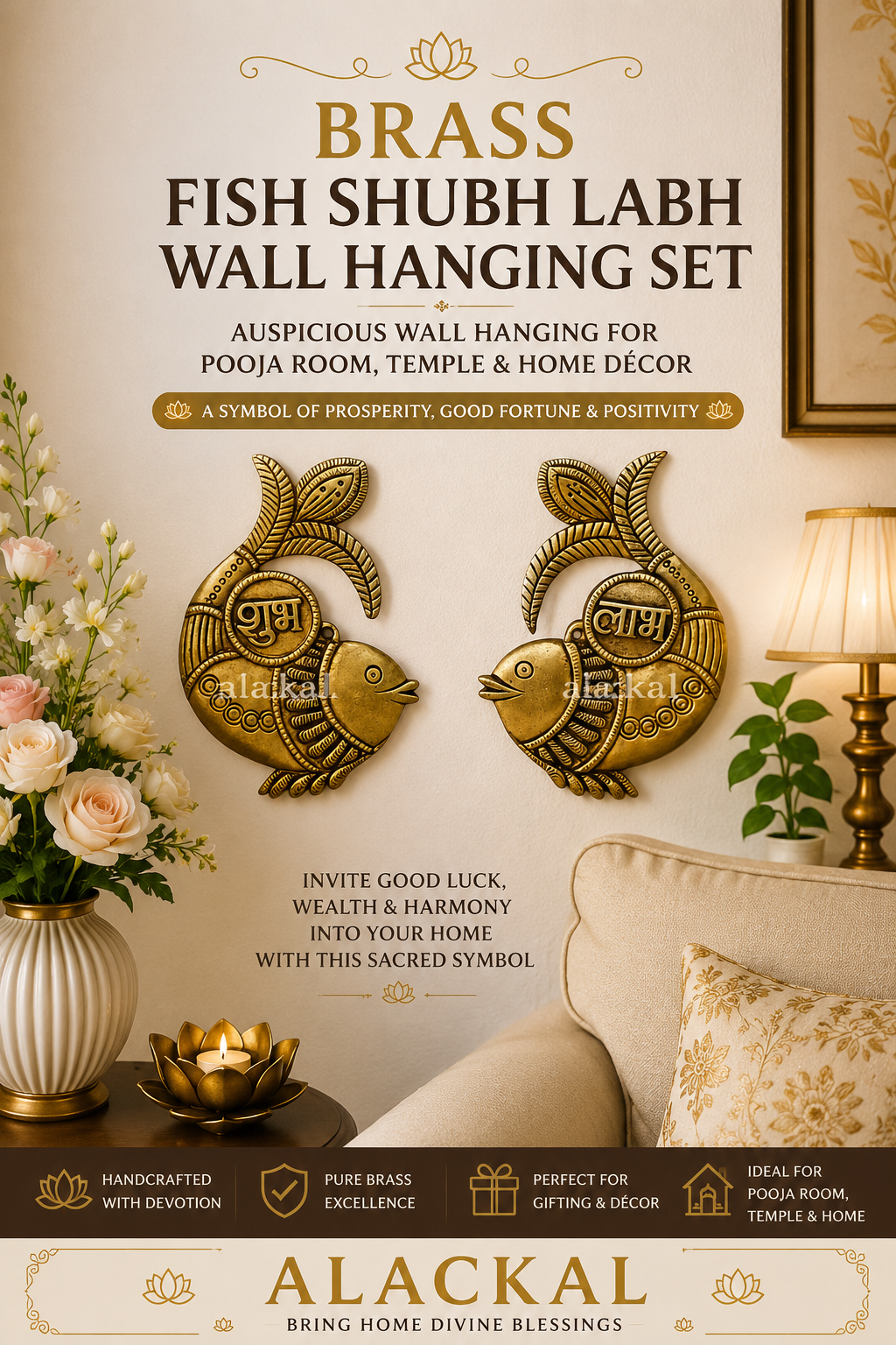 Handcrafted pure brass Fish Shubh Labh wall hanging set with traditional Indian design and dimensions displayed on white background