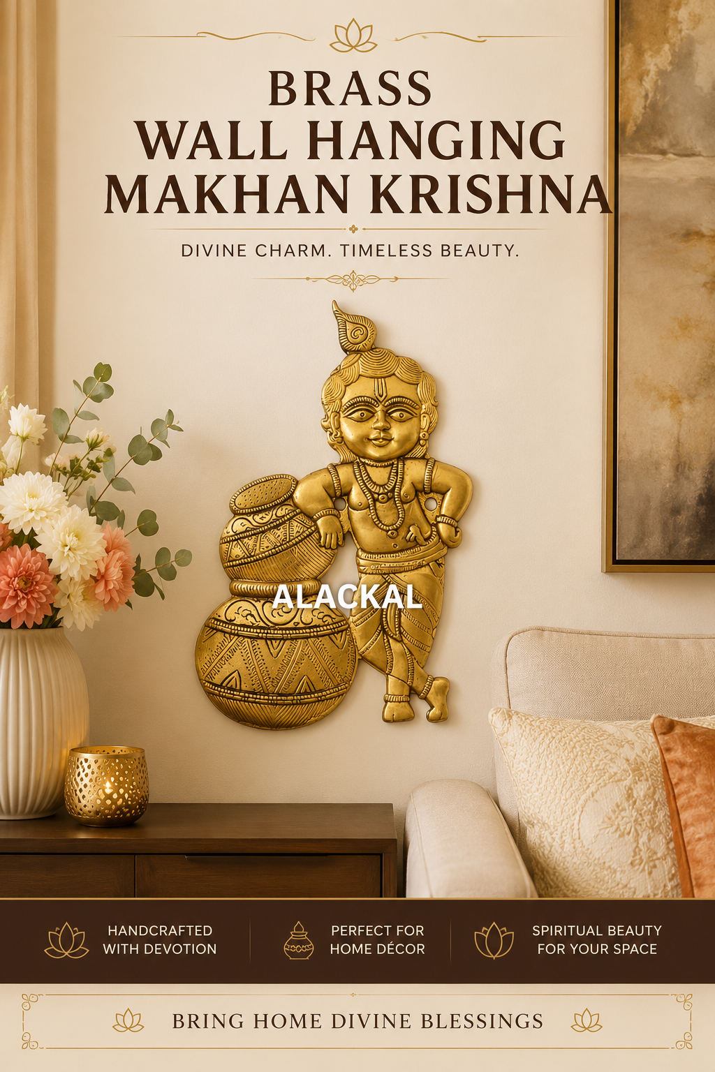 Handcrafted pure brass wall hanging Makhan Krishna idol with butter pot for living room and pooja room décor
